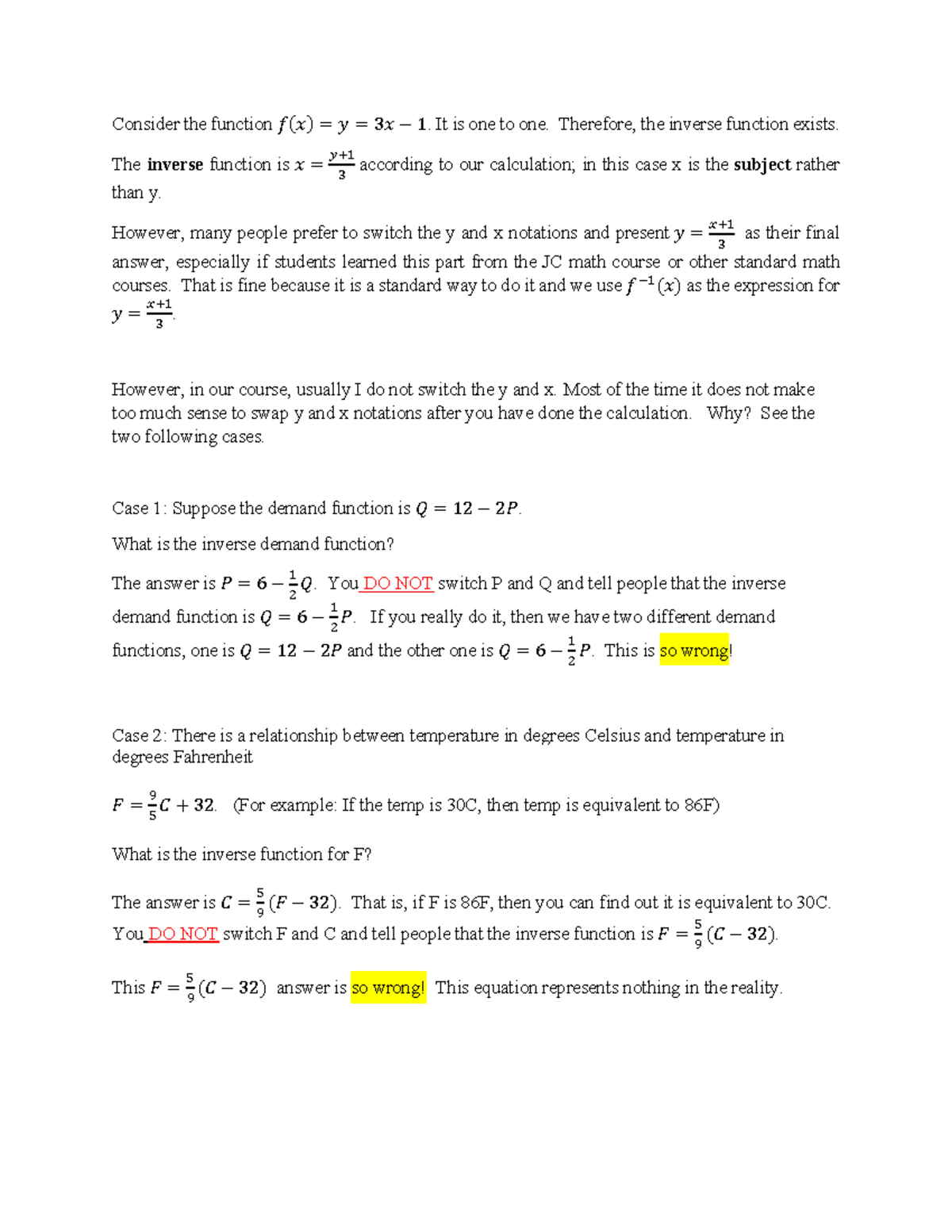 Supplementary notes for inverse functions - Consider the function 𝑓𝑓(𝑥𝑥 ...