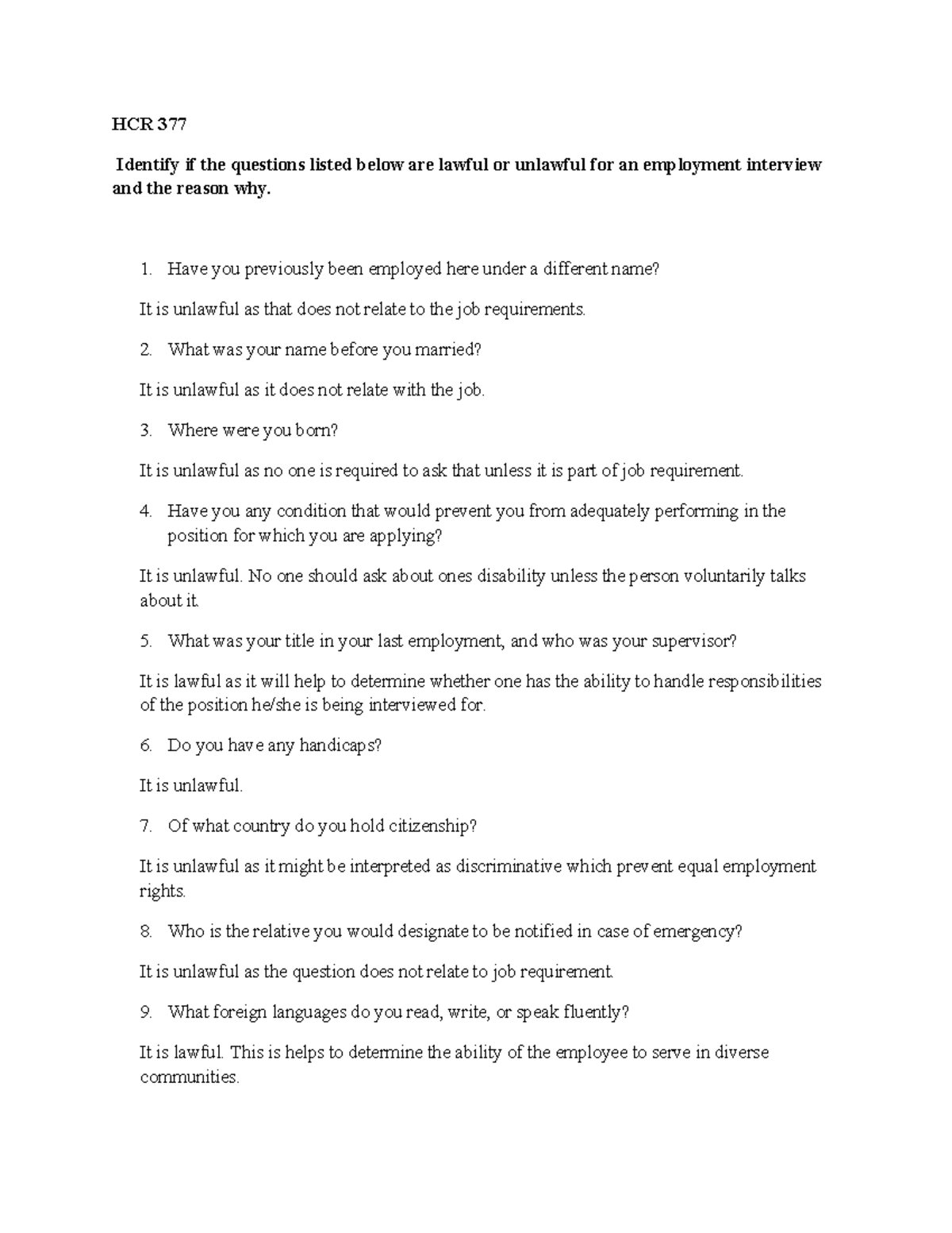 Employment Questions-Fall 2016 - HCR 377 Identify if the questions ...