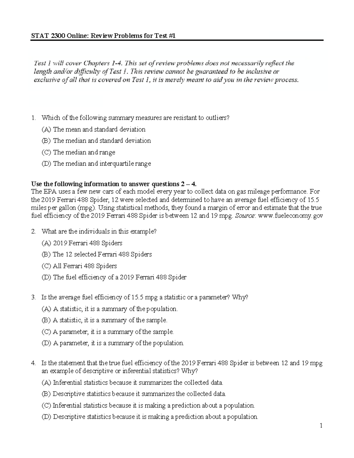 STAT 2300 Test 1 Review - Summer - STAT 2300 Online: Review Problems ...