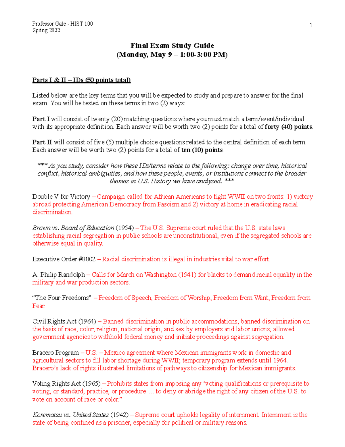 History Final Exam Study Guide - Professor Gale - HIST 100 Spring 2022 ...