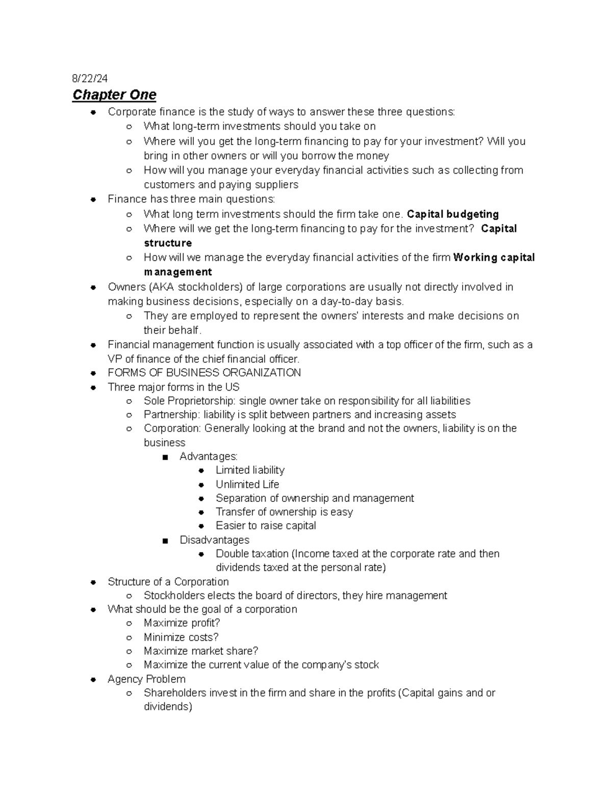 Finance Notes - 8/22/ Chapter One Corporate finance is the study of ...