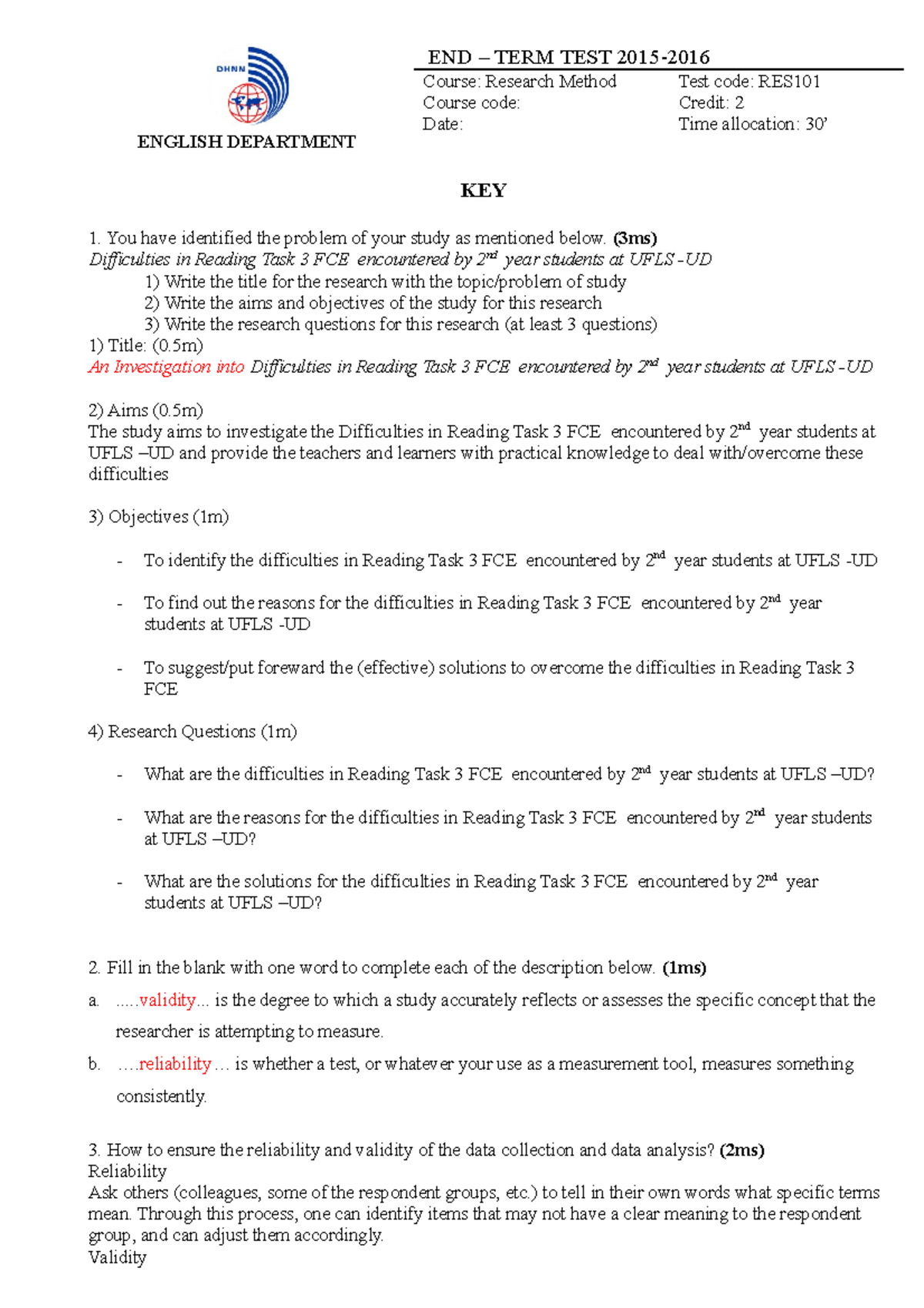 KEY TEST Research Method 2015 - ENGLISH DEPARTMENT END – TERM TEST 2015 ...