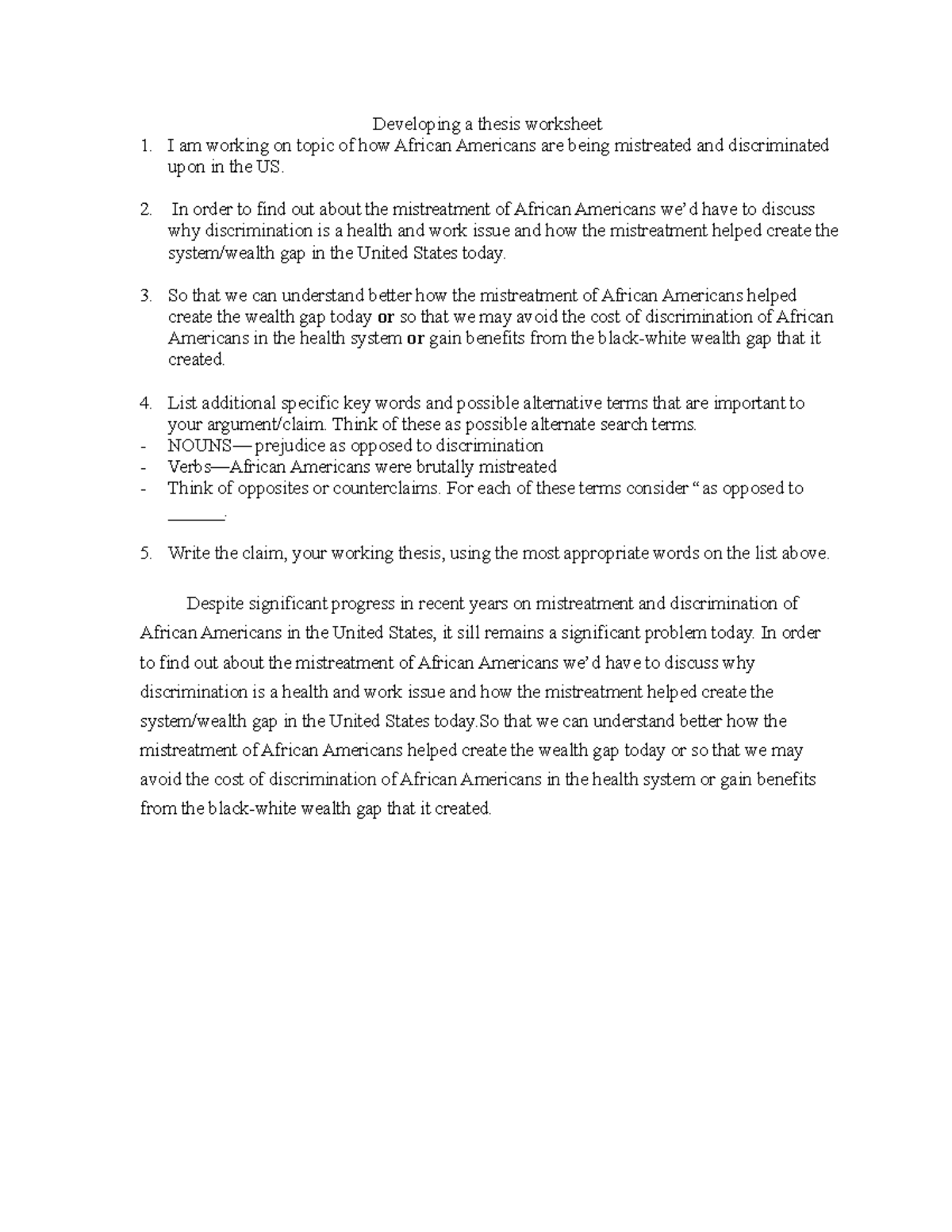 Developing Your Thesis Worksheet Developing A Thesis Worksheet I Am