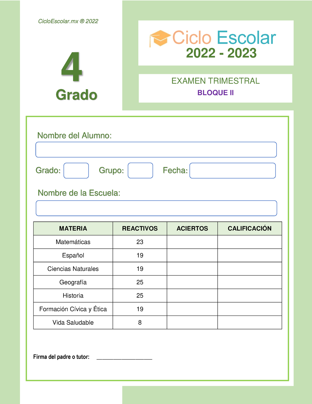 Examen-Trimestral-4-grado-B2-2022-2023 - 4 Nombre Del Alumno: Grado ...