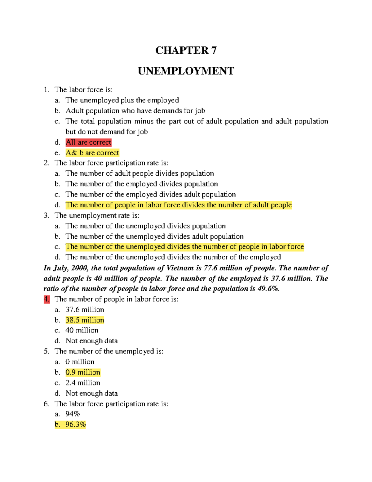 Exercise - C8 - CHAPTER 7 UNEMPLOYMENT The Labor Force Is: A. The ...