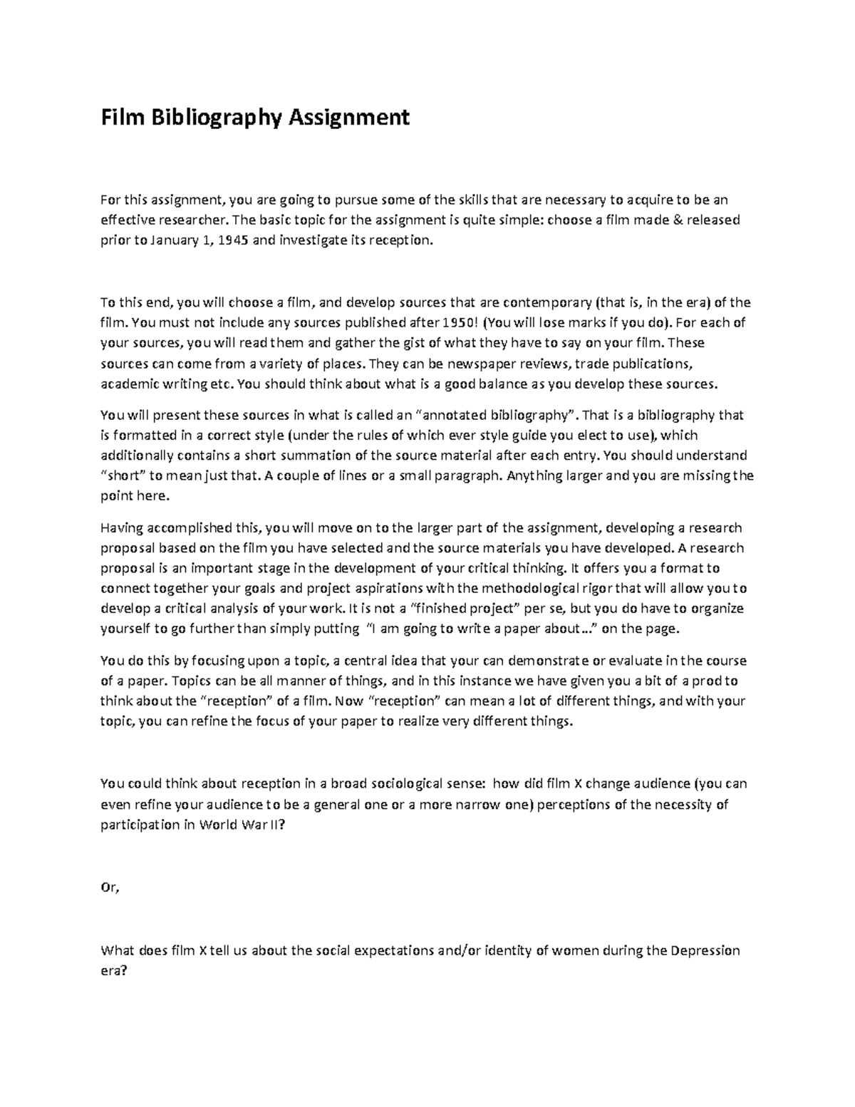 Film Bibliography Assignment additional notes - Film Bibliography ...