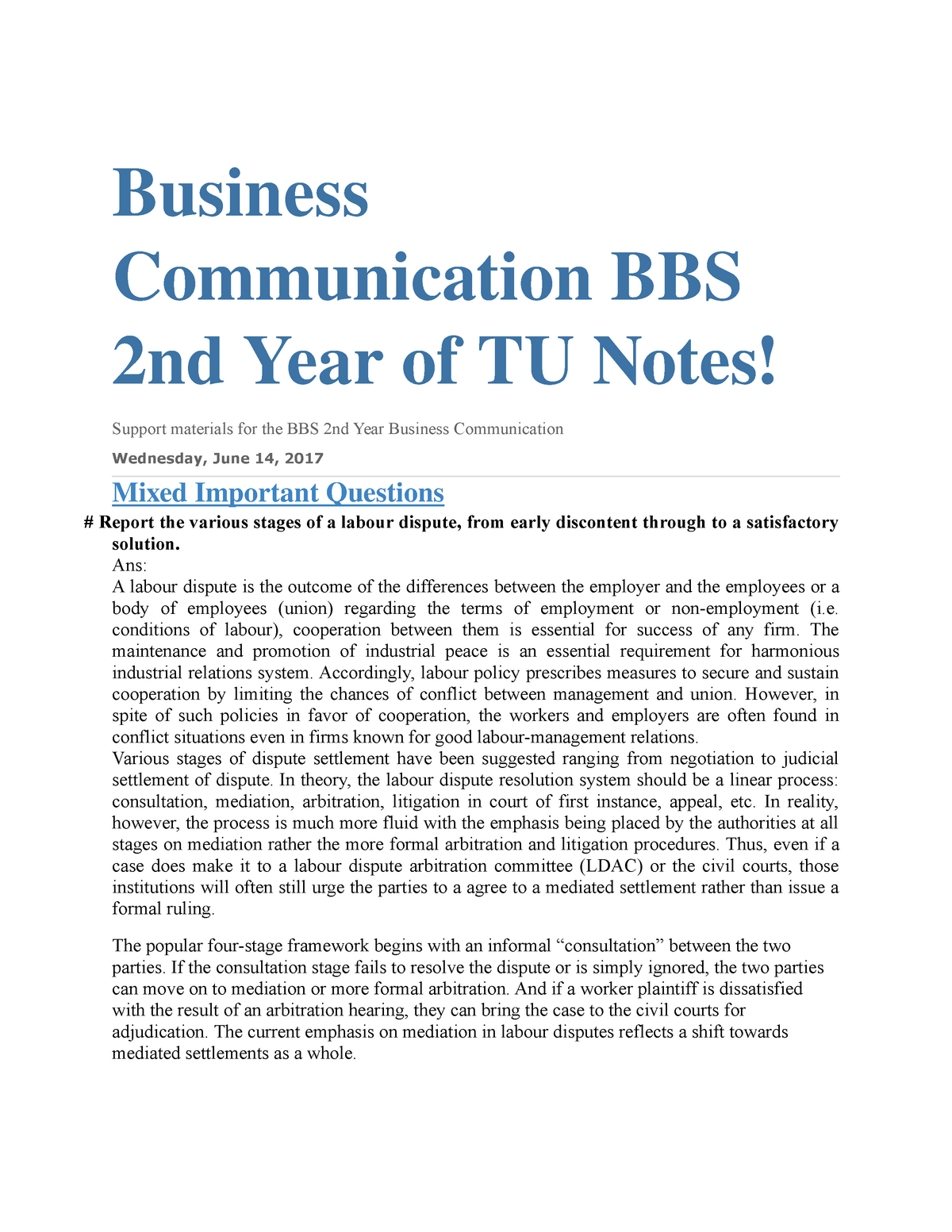 Business Communication Bbs 2nd Year Of Tu Notes Human Resource Studocu