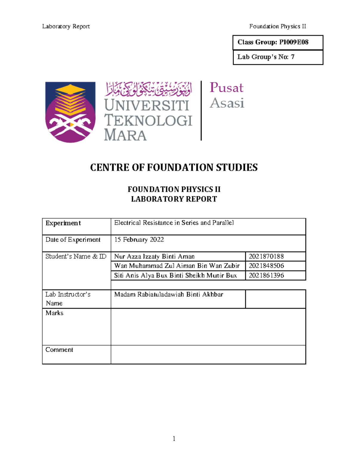 Lab Report Electrical Resistance in Series and Parallel Lab Group’s