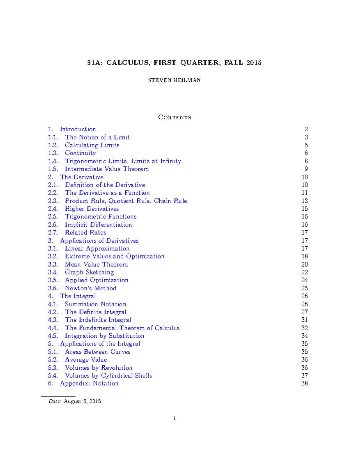 COMPLETE NOTES MATH 31A - 31A: CALCULUS, FIRST QUARTER, FALL 2015 ...