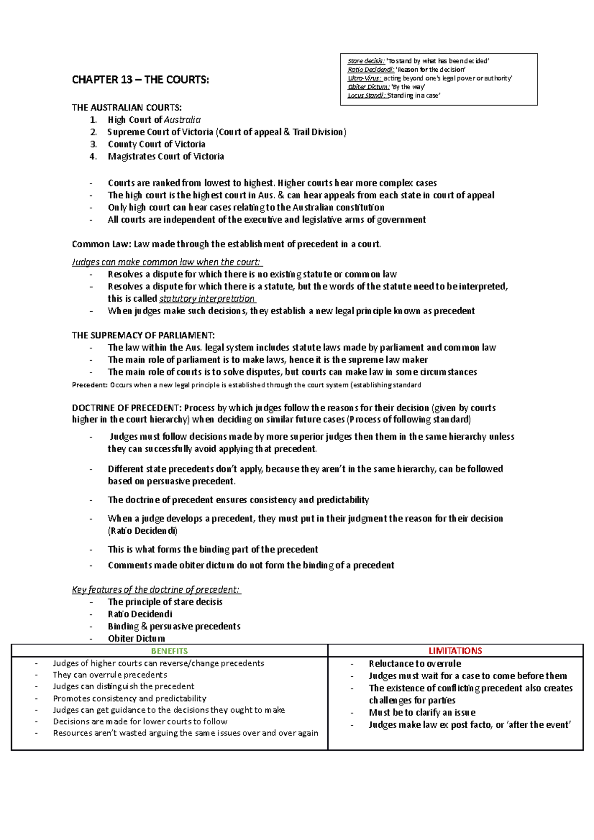 Chapter 13 Law Notes CHAPTER 13 THE COURTS THE AUSTRALIAN COURTS