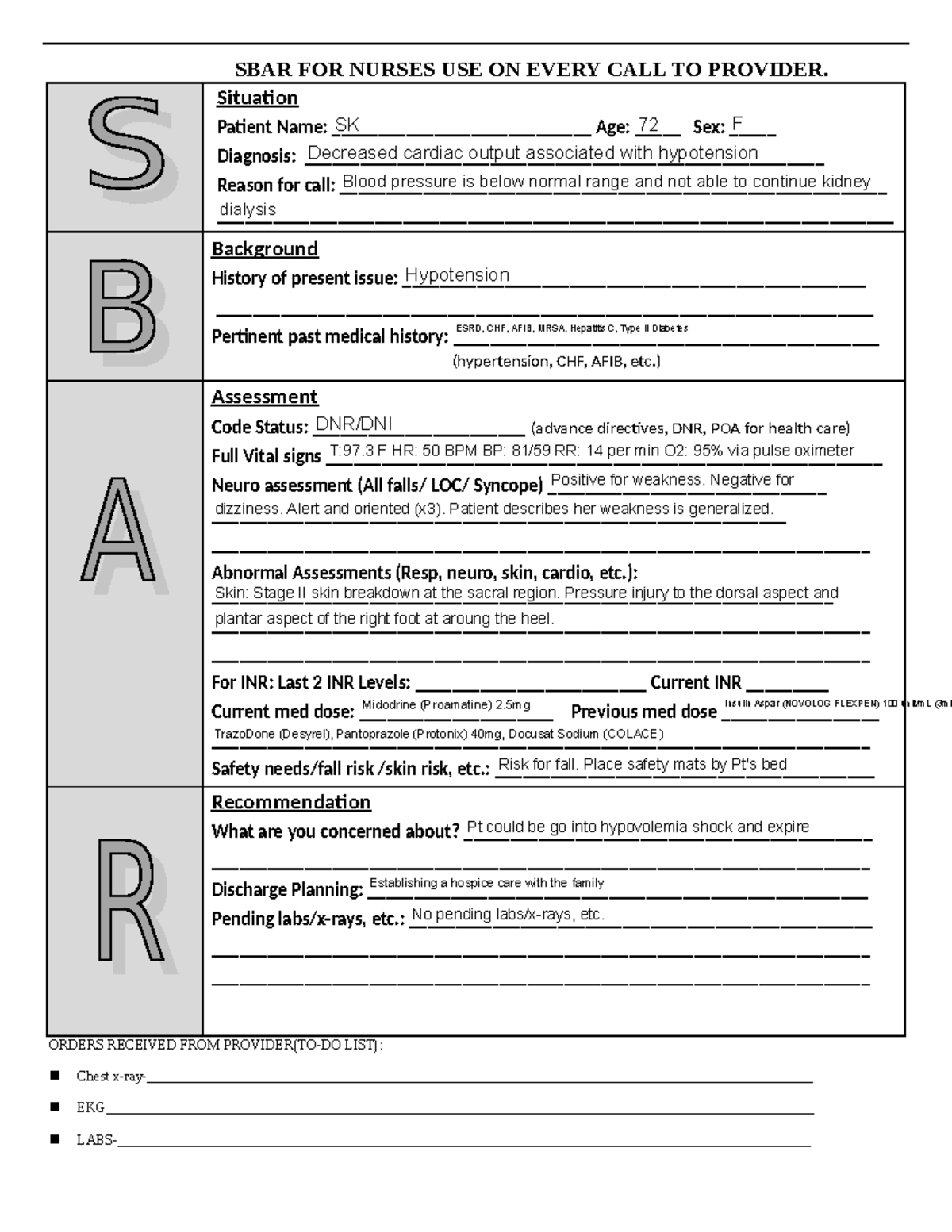 SBAR FORM Care Plan 3 KSellers NSG3038 - SBAR FOR NURSES USE ON EVERY ...