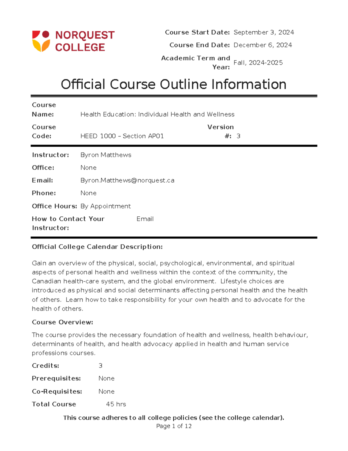 HEED 1000, Course Outline, AP01, Fall 2024 - Course Start Date ...