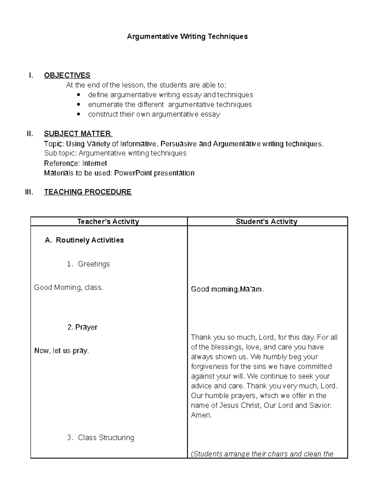 detailed lesson plan in argumentative essay