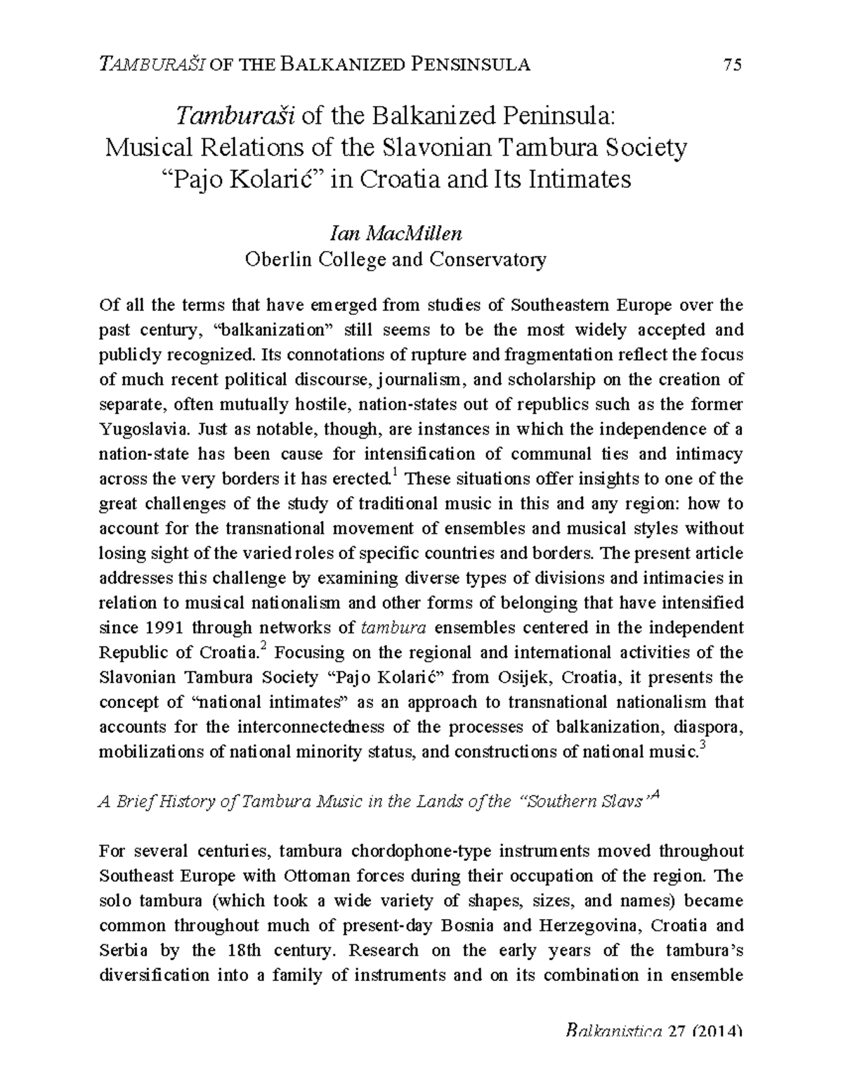 Tamburasi OF THE Balkanized Pensinsula M TAMBURAaI OF THE BALKANIZED