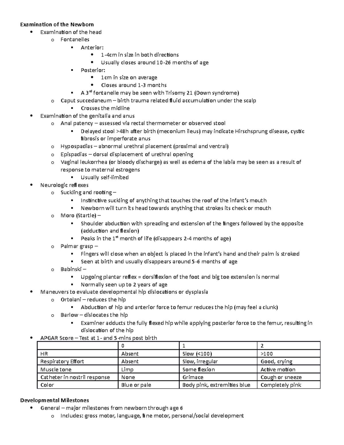 Peds Study Guide - Examination of the Newborn Examination of the head o ...