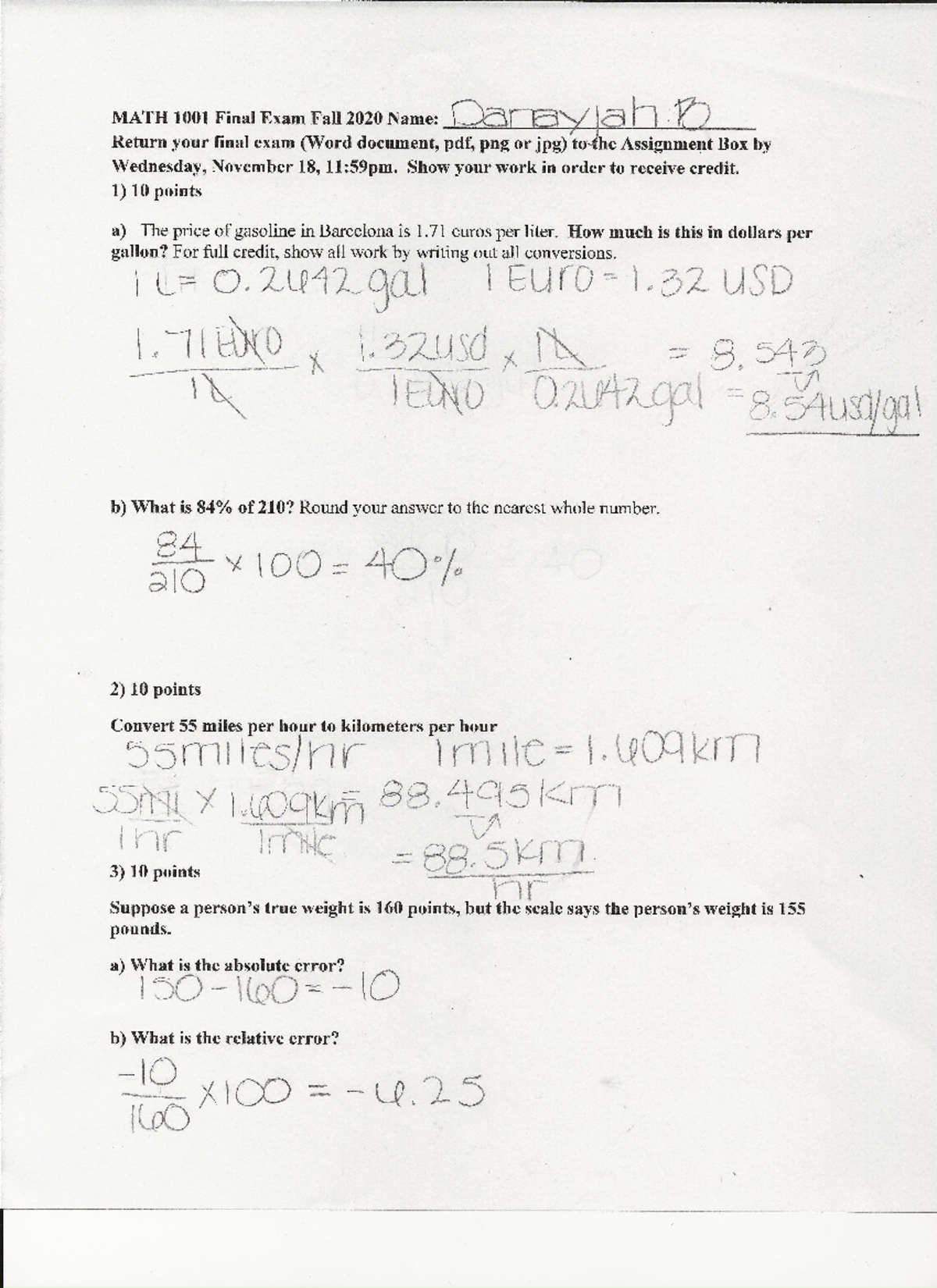 Math 1001 Final Exam - MATH 1001 - StuDocu