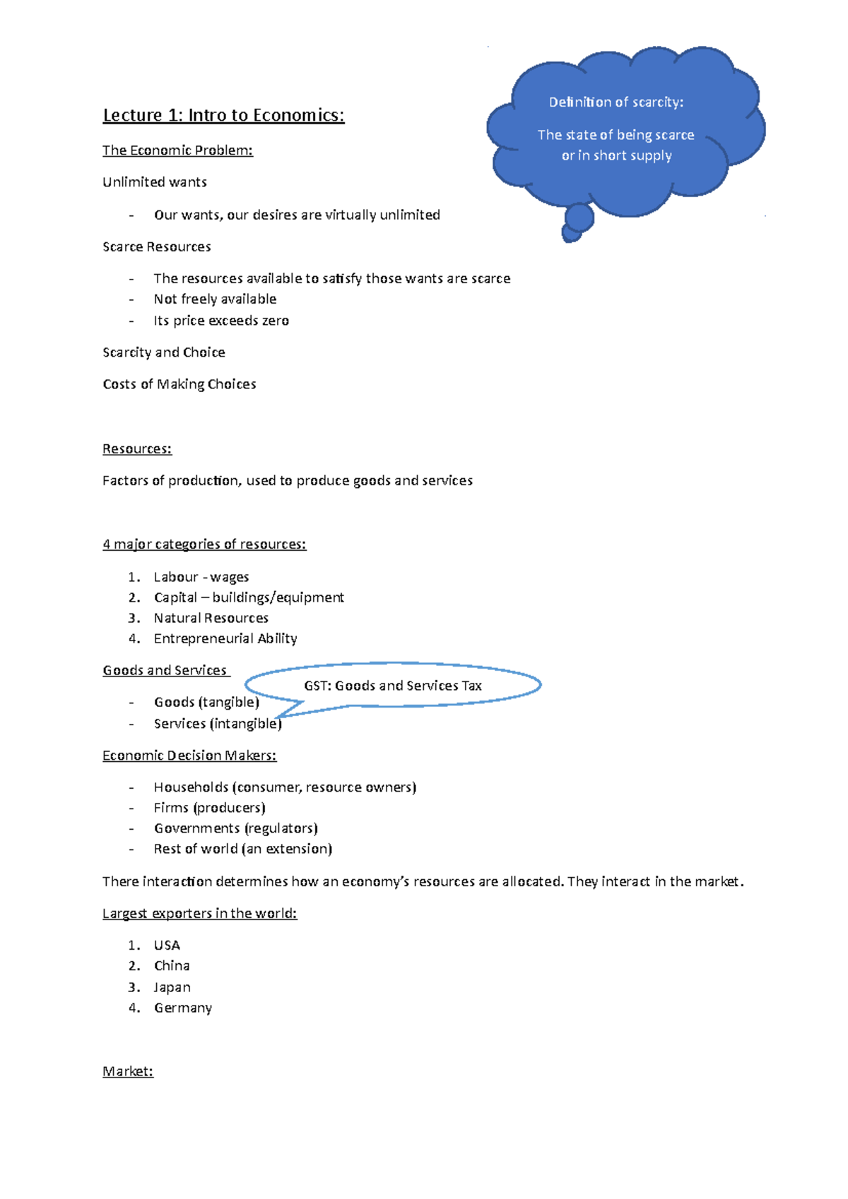 Lecture 1 - Notes - Economics - Lecture 1: Intro To Economics: The ...