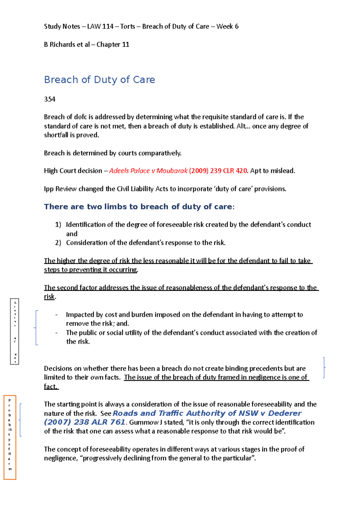 Week 6 - Breach of Duty of Care Study Notes - Study Notes LAW 114 Torts ...