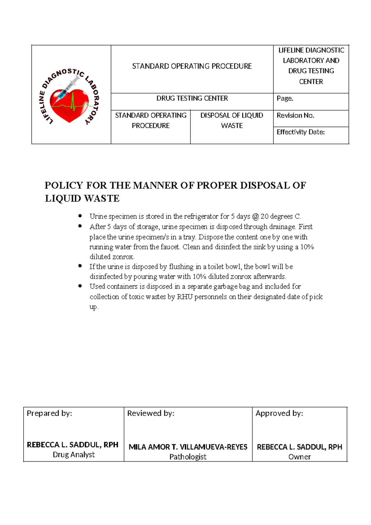 DRUG Rwsting Standard Operating Procedure - STANDARD OPERATING ...