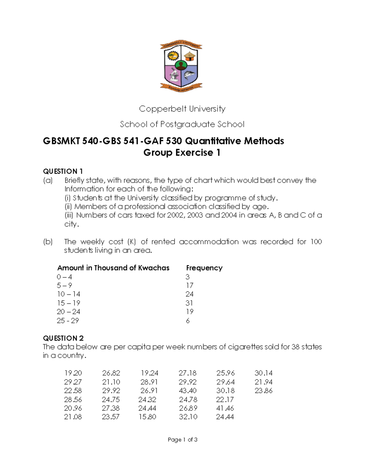Quantiatative Methods Exercise 1 - Page 1 of 3 Copperbelt University ...