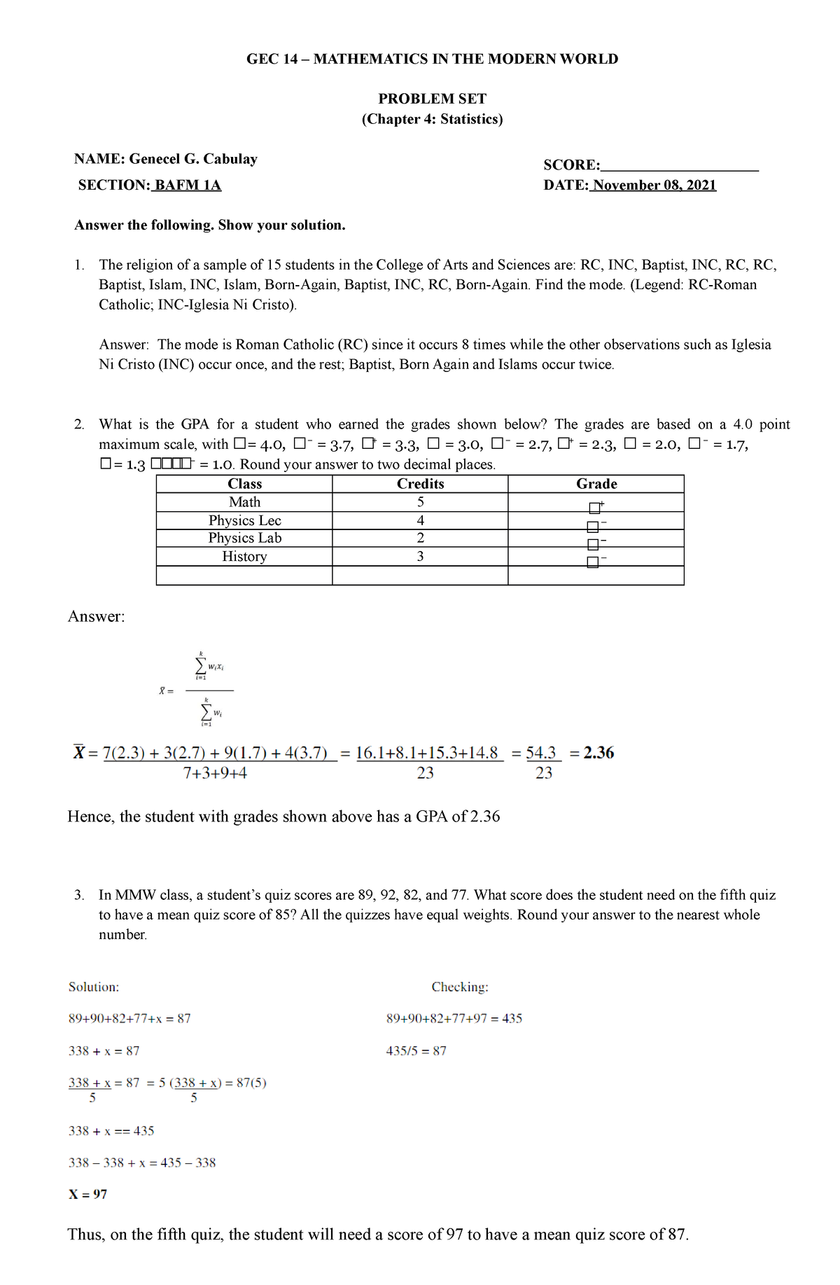 GEC 14 Problem Set - Essay - GEC 14 – MATHEMATICS IN THE MODERN WORLD ...