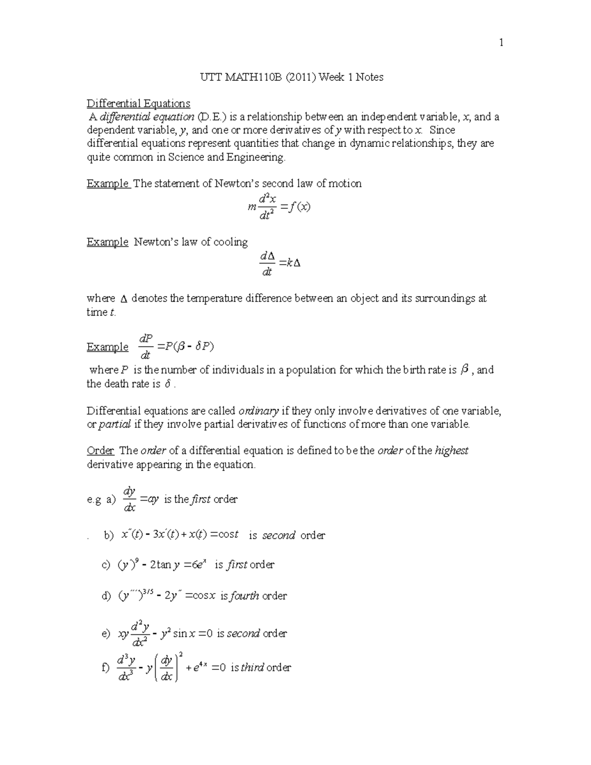 UTT MATH1001 Week 1 Notes - UTT MATH110B (2011) Week 1 Notes ...
