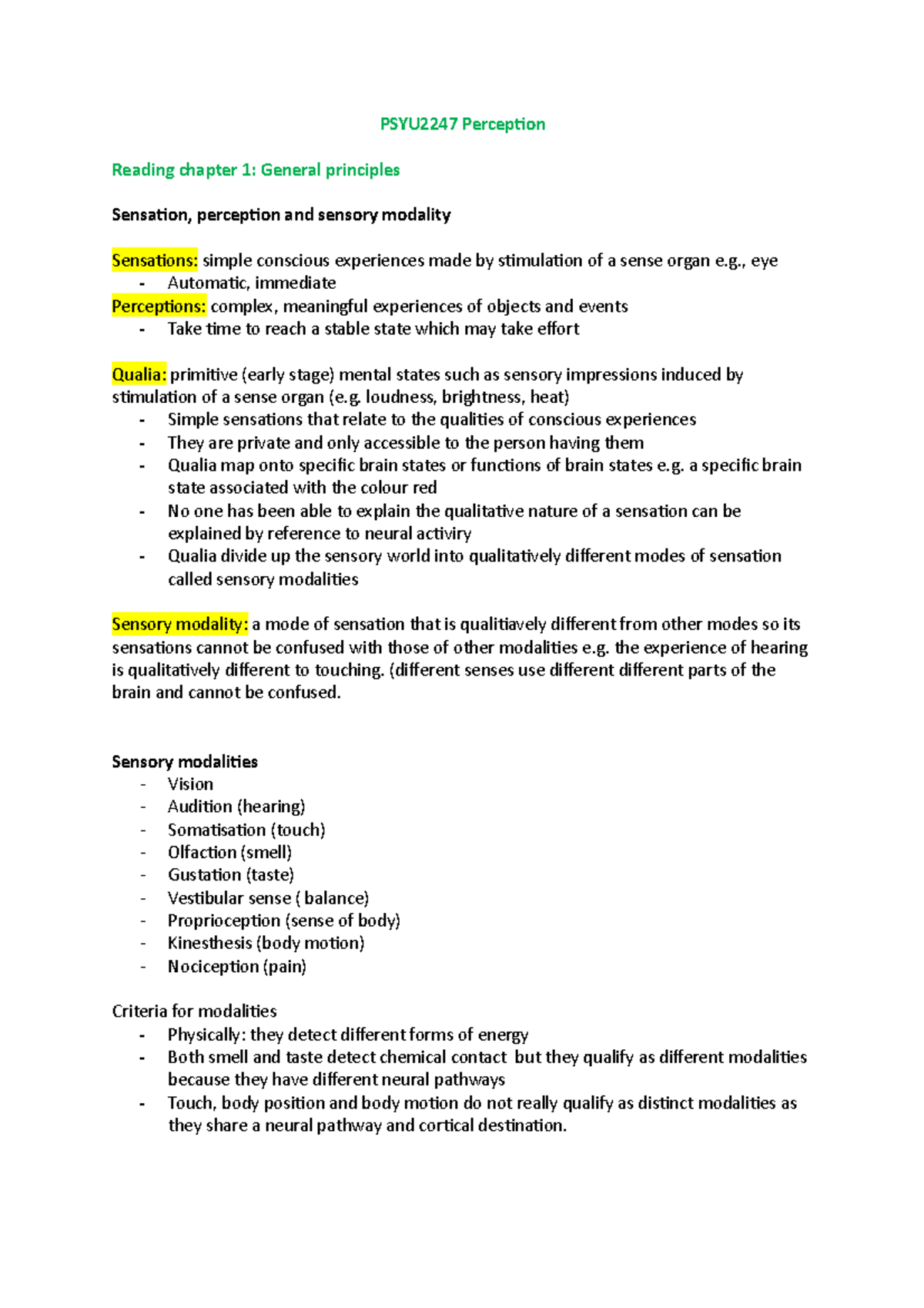 Perception notes - PSYU2247 Perception Reading chapter 1: General ...