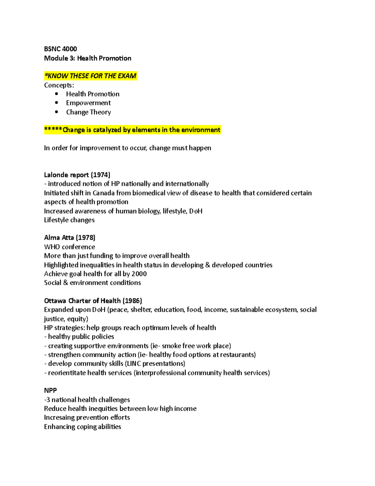 Mod 3 Notes - PUBLIC HEALTH: Health promotion - BSNC 4000 Module 3 ...