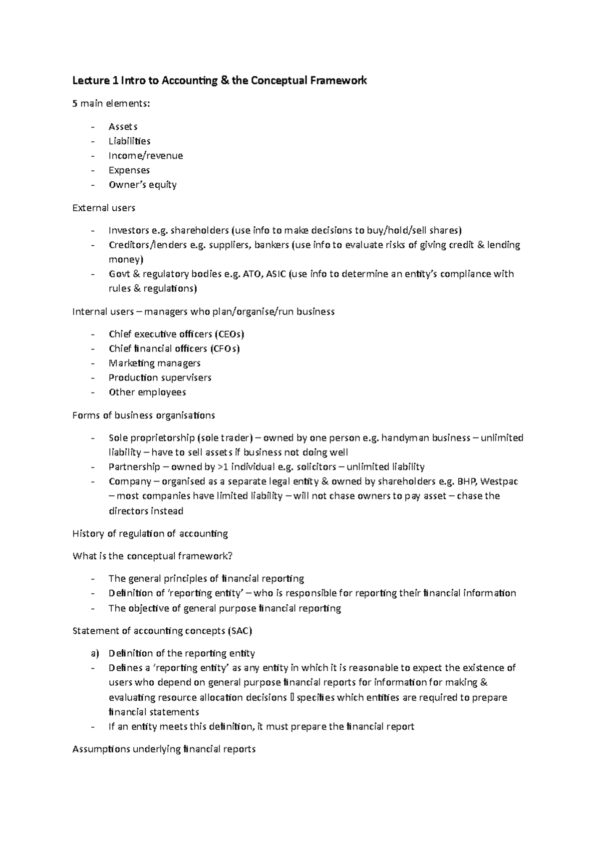 Acc1100 chapter 1 - Lecture notes 1 - Lecture 1 Intro to Accounting ...