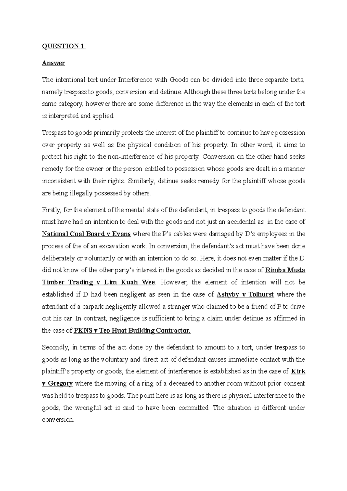 Answer Question 1 QUESTION 1 Answer The intentional tort under