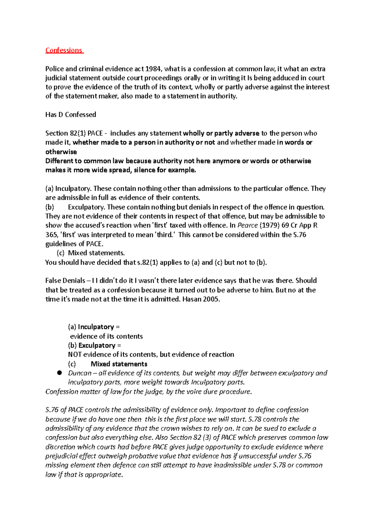 Confessions Revision notes for Examination - Confessions Police and ...