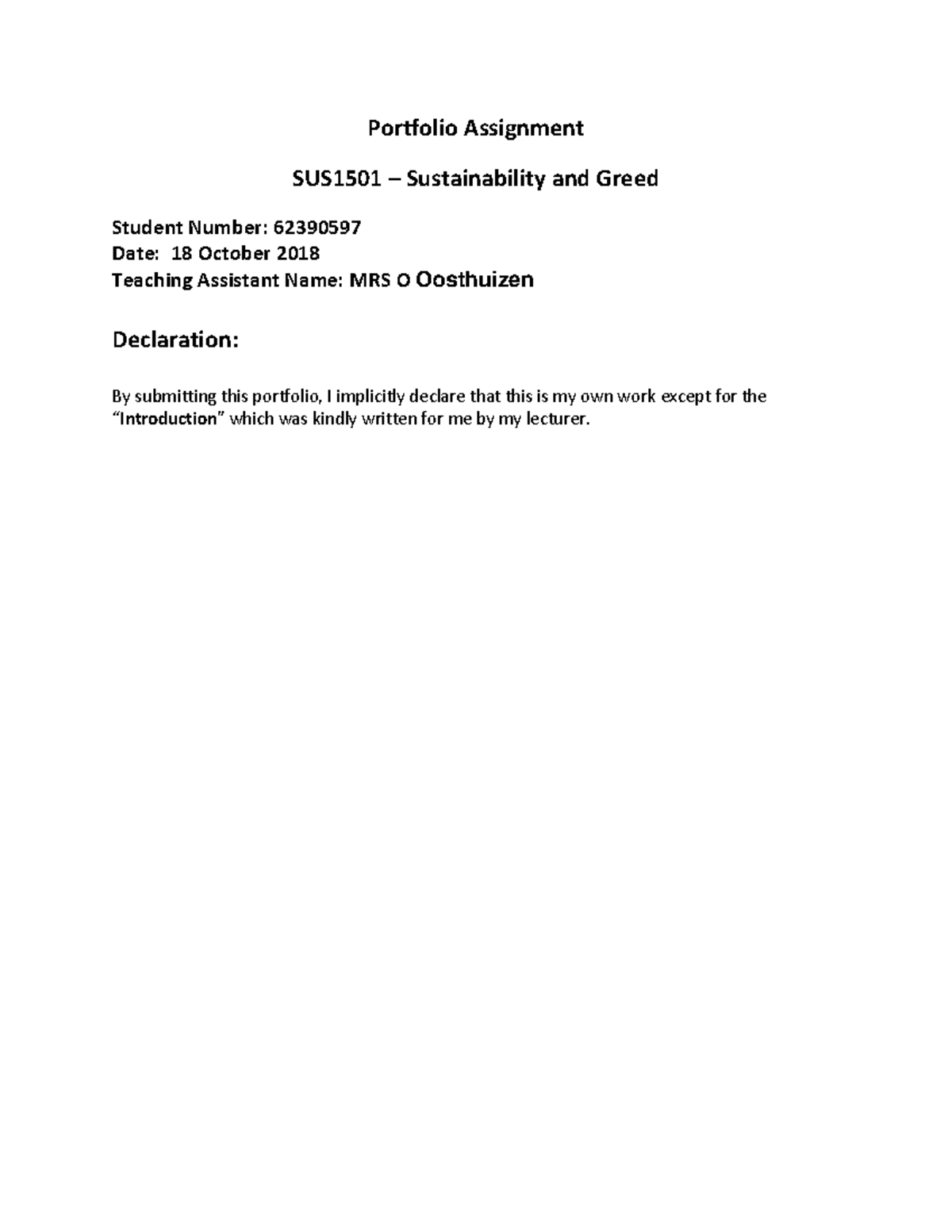 SUS Portfolio - Portfolio Assignment SUS1501 – Sustainability and Greed ...