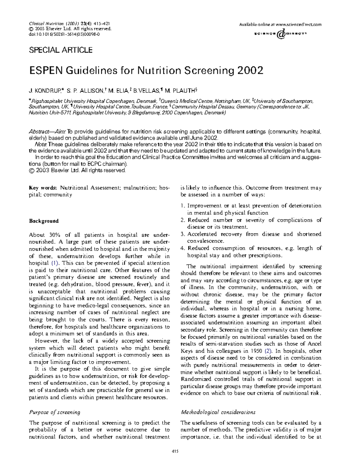 Nutrition risk screening 2002 - Clinical Nutrition (2003) 22(4): 415– r ...