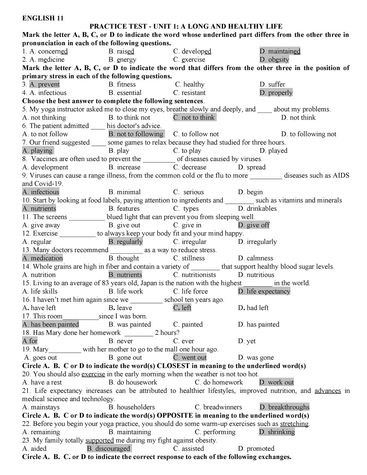 GV-E11- Đề ôn Tập Kỳ 1-Unit 1- A LONG AND Healthy LIFE - ENGLISH 11 ...