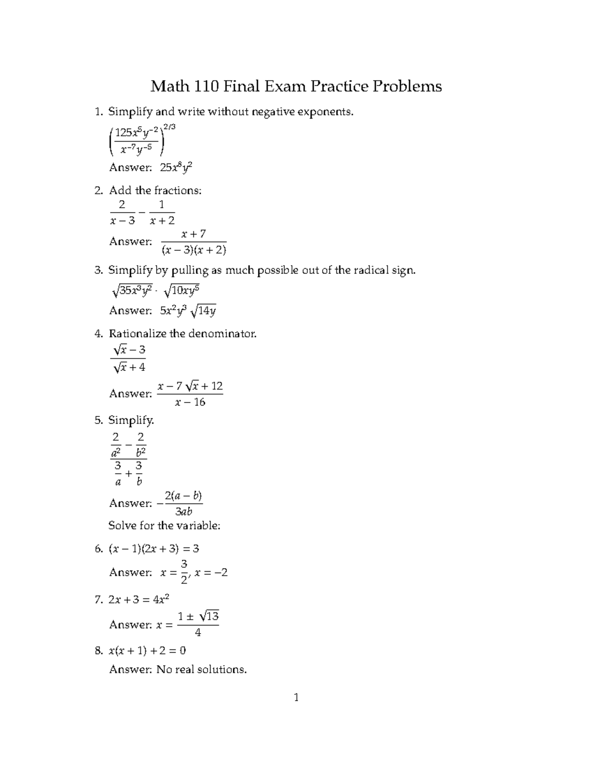 MATH 110 Final Exam Review Key Math 110 Final Exam Practice Problems