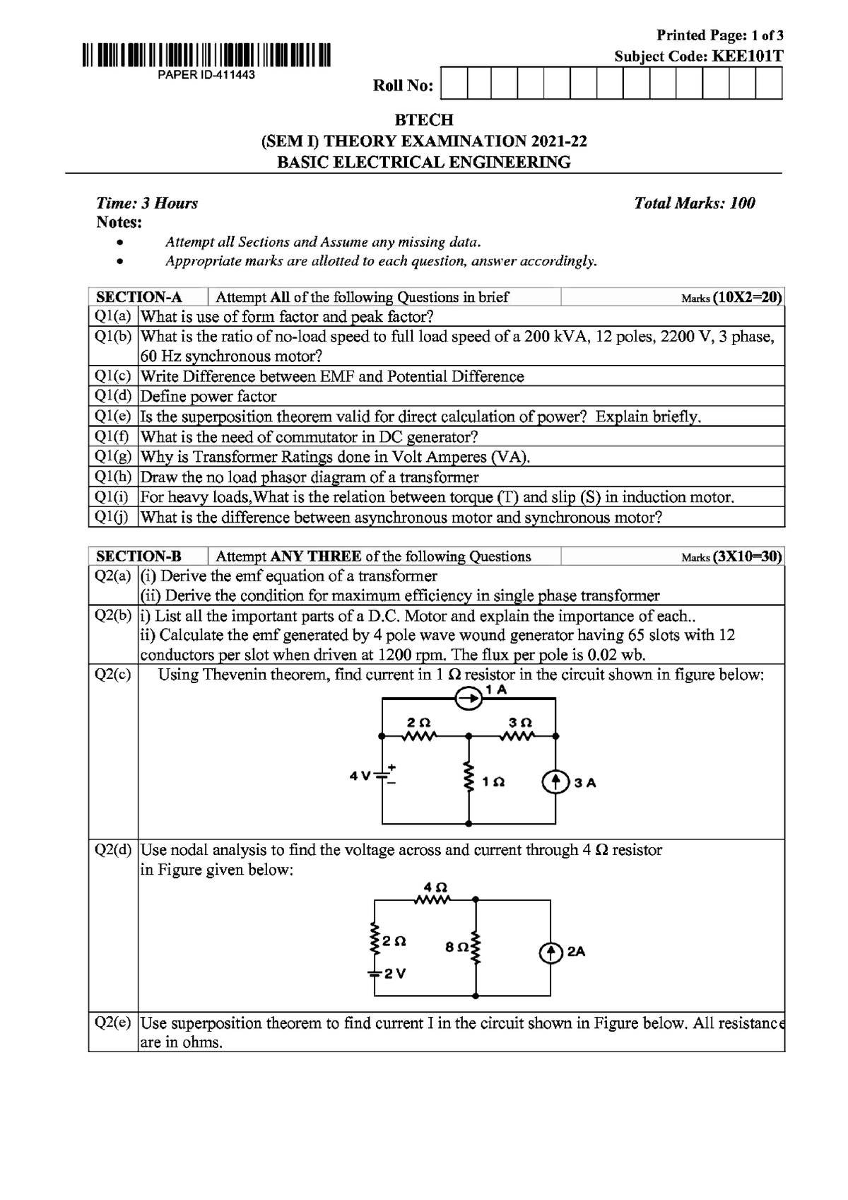 Btech 1 Sem Basic Electrical Engineering Kee101t 2022 - Basic ...