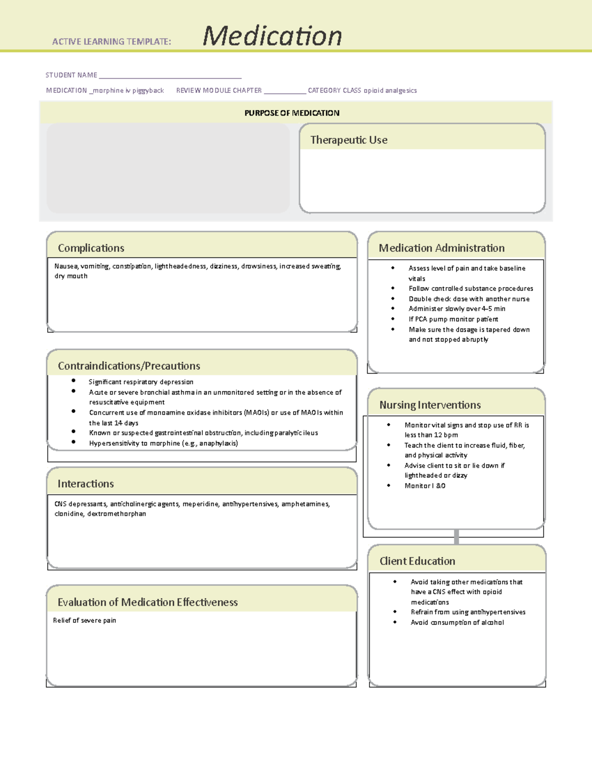 Morphine (IV piggyback) med card - STUDENT NAME ...