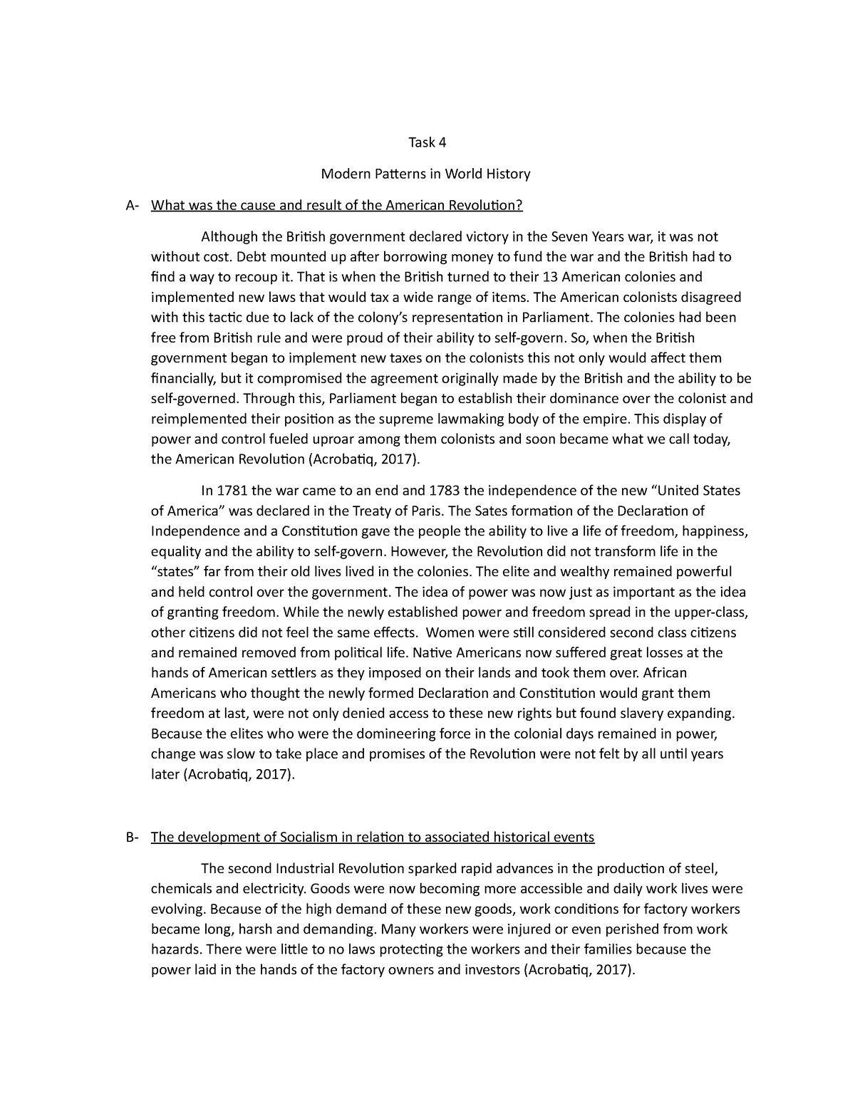 World History- Task 4 - Task 4 Modern Patterns in World History A- What ...
