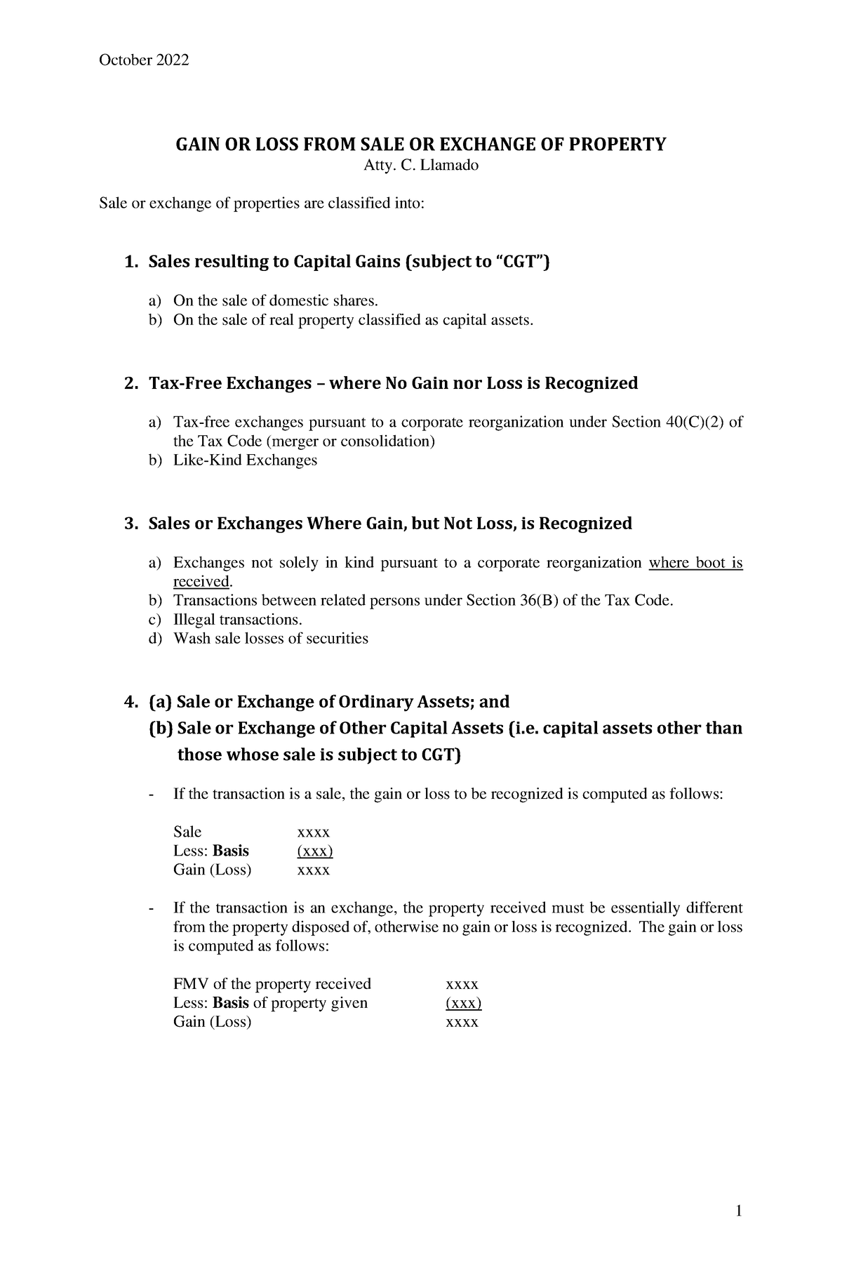 CPAR Sale Or Exchange Of Property (Batch 92) - Handout - GAIN OR LOSS ...