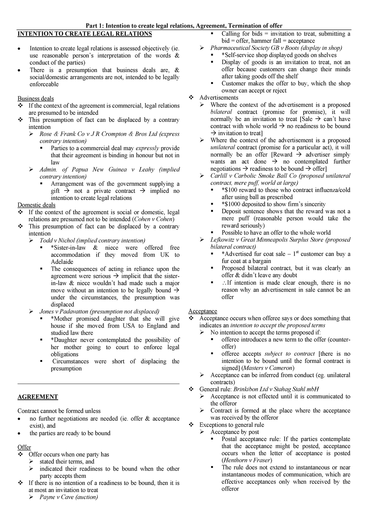 Lecture notes, lecture 1-4 - Revision notes, Contract law rn - Part 1 ...