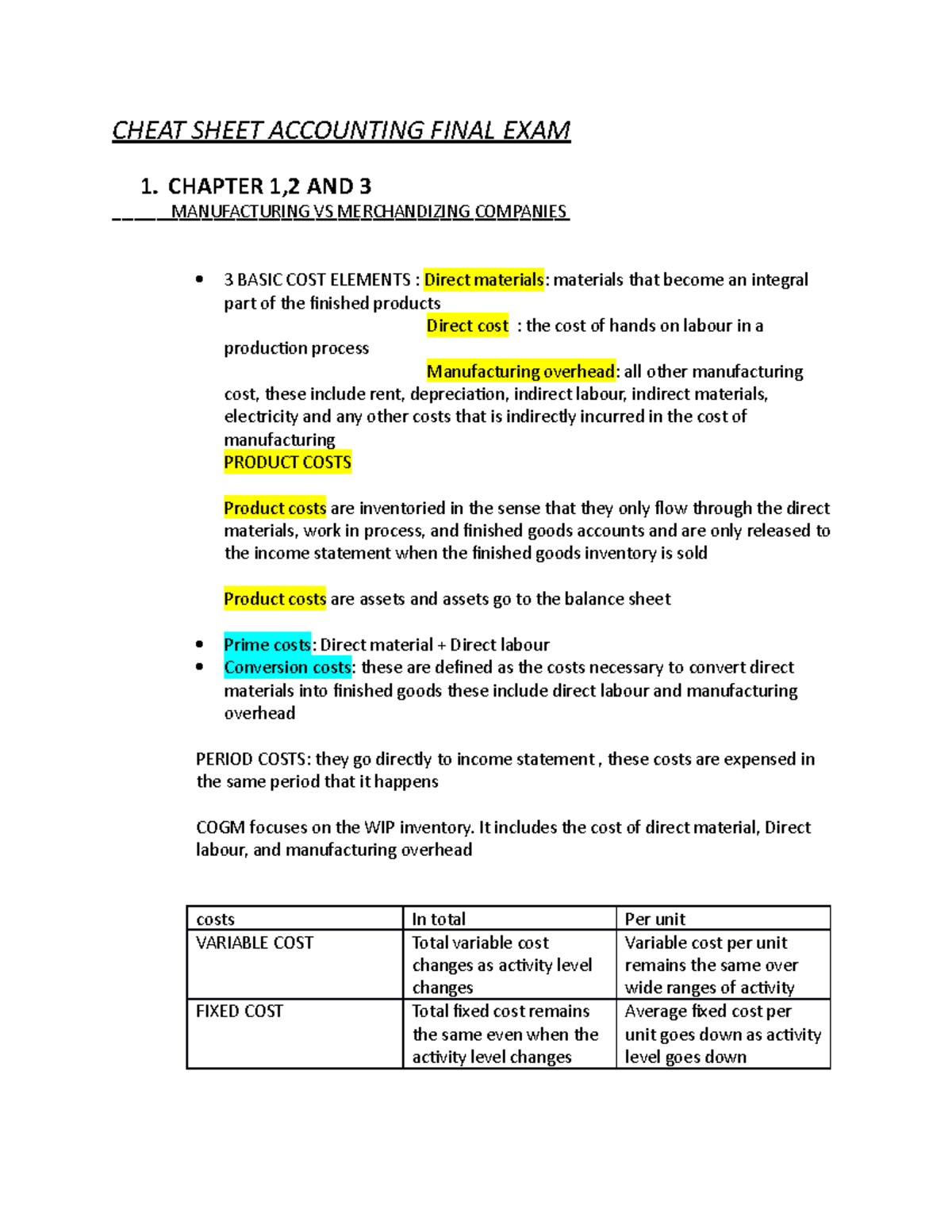 Managerial Accounting Study Notes, Cheat Sheet Management Accounting