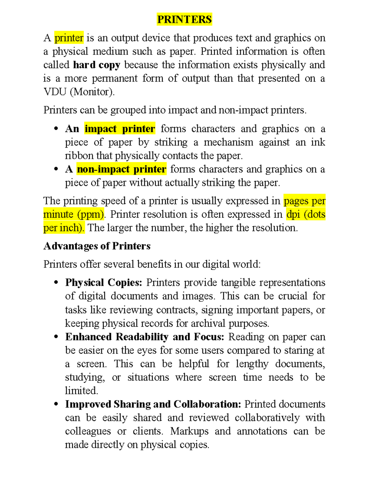 Printers - PRINTERS A printer is an output device that produces text ...