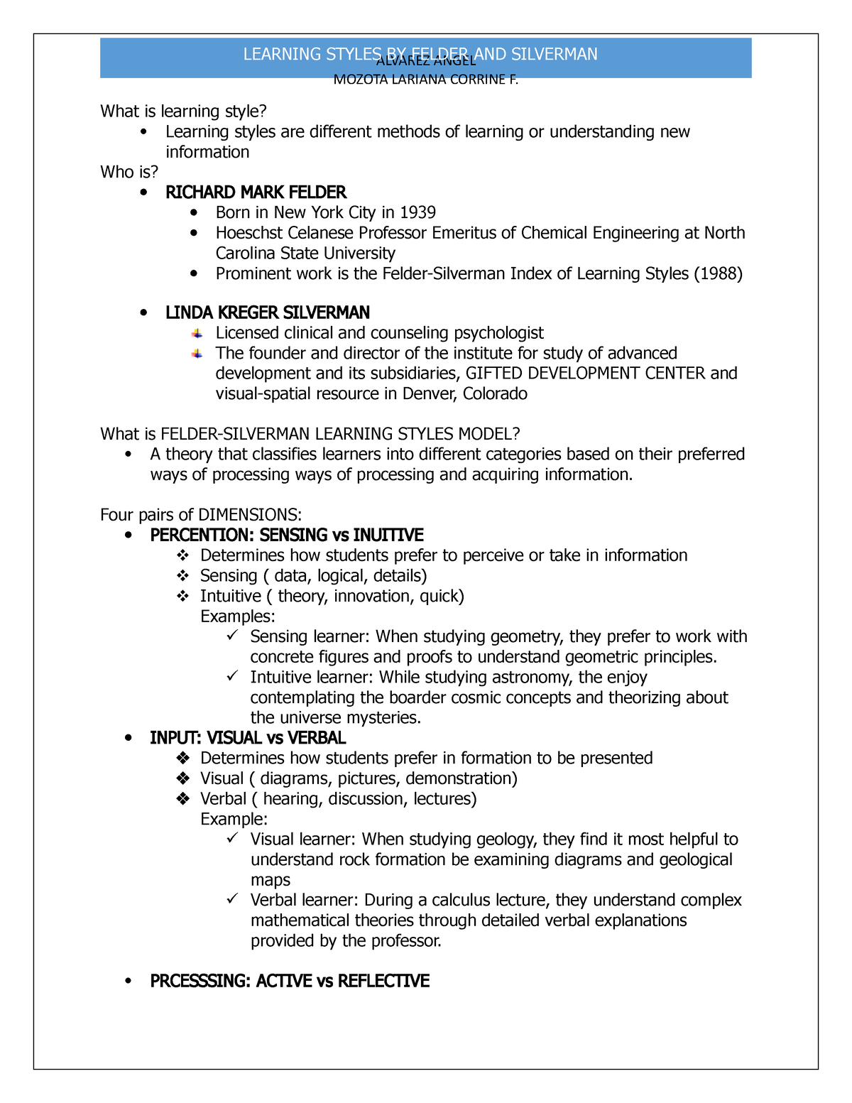 Learning Styles BY Felder AND Silverman - ALVAREZ ANGEL MOZOTA LARIANA ...