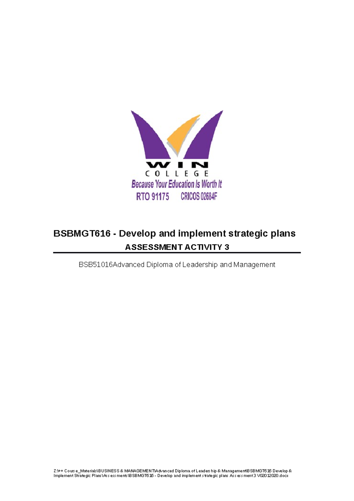 Bsbmgt 616 Develop and implement strategic plans Assessment 3 V0 301 ...