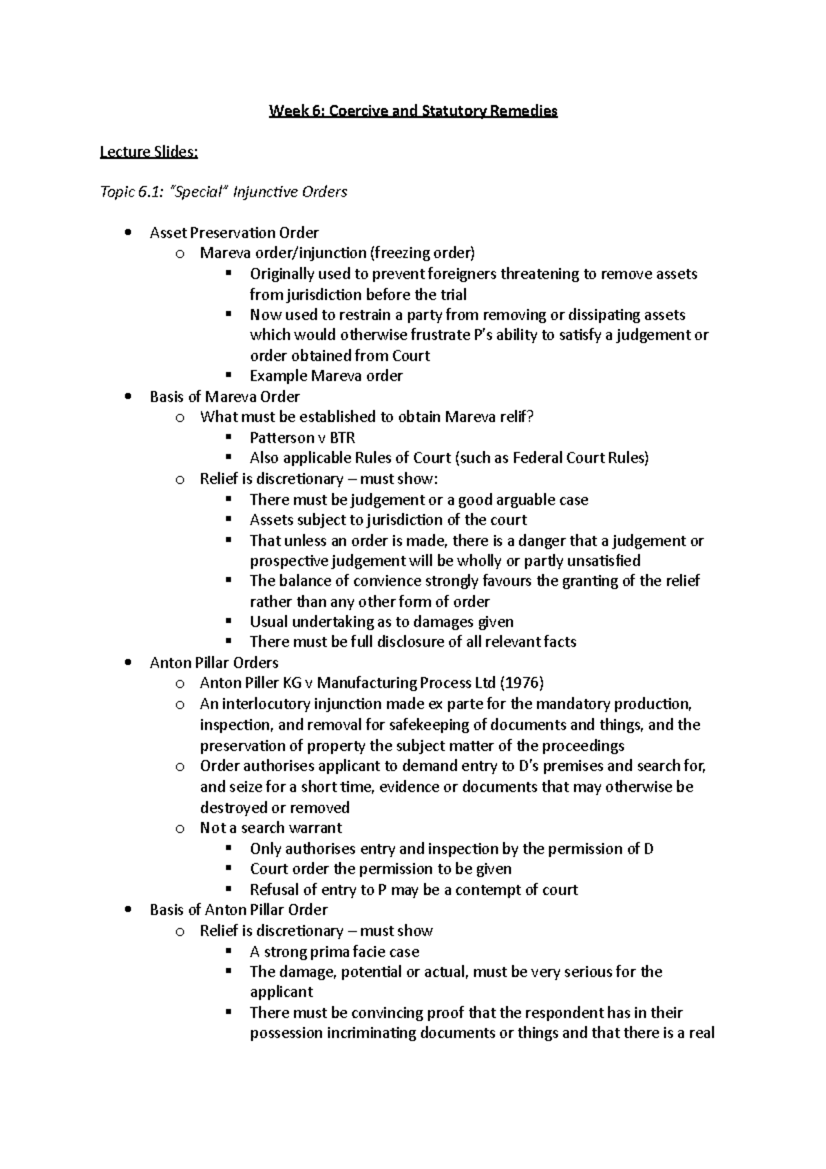 Week 6 Summary Notes Week 6 Coercive and Statutory Remedies Lecture