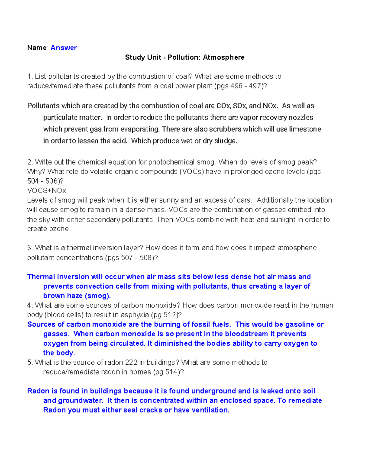 Copy of Study Unit - Pollution Atmosphere 22 - Name: Answer Study Unit - Pollution: Atmosphere ...
