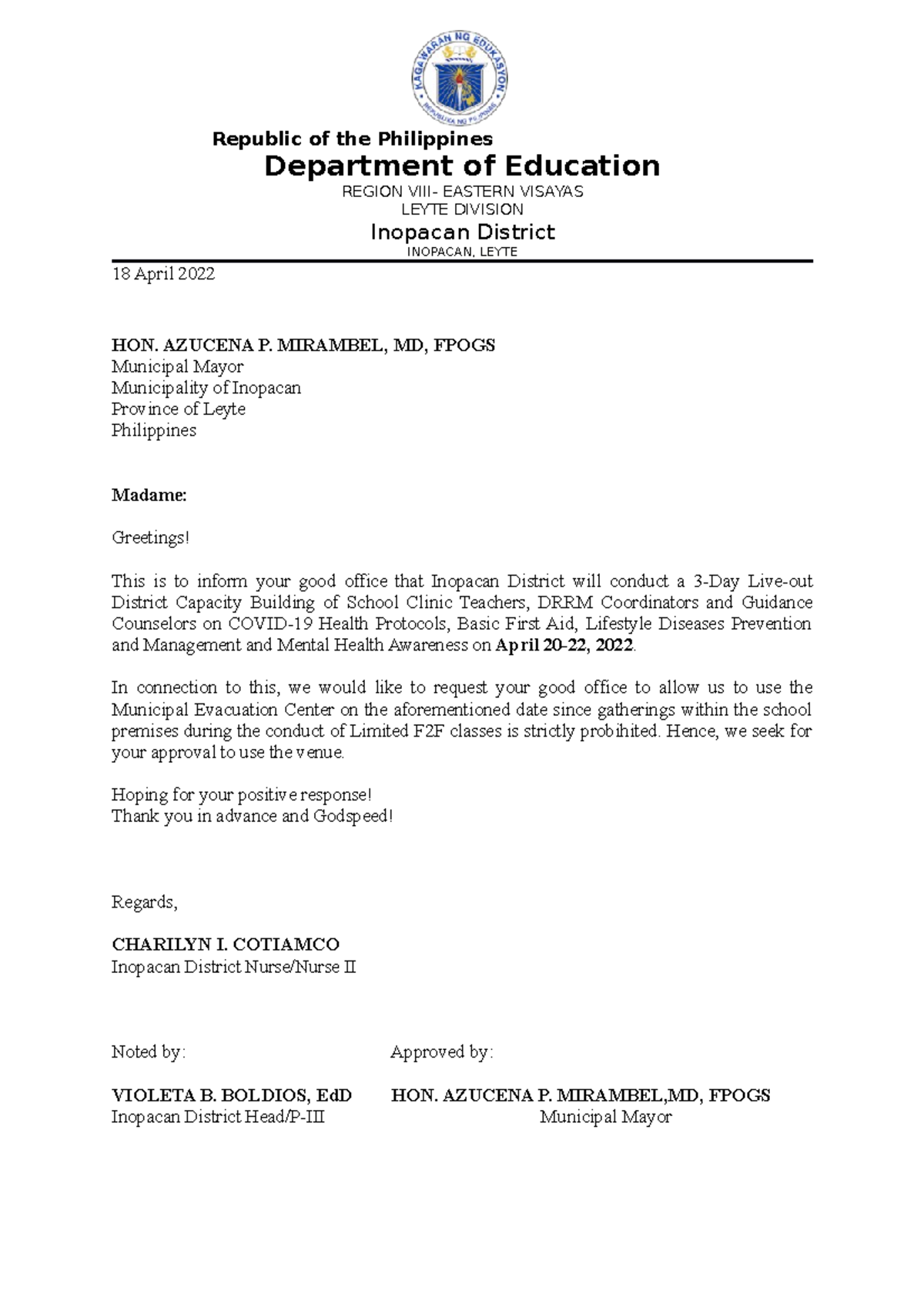 Letter Request to Mayor asking for venue approval - Republic of the ...