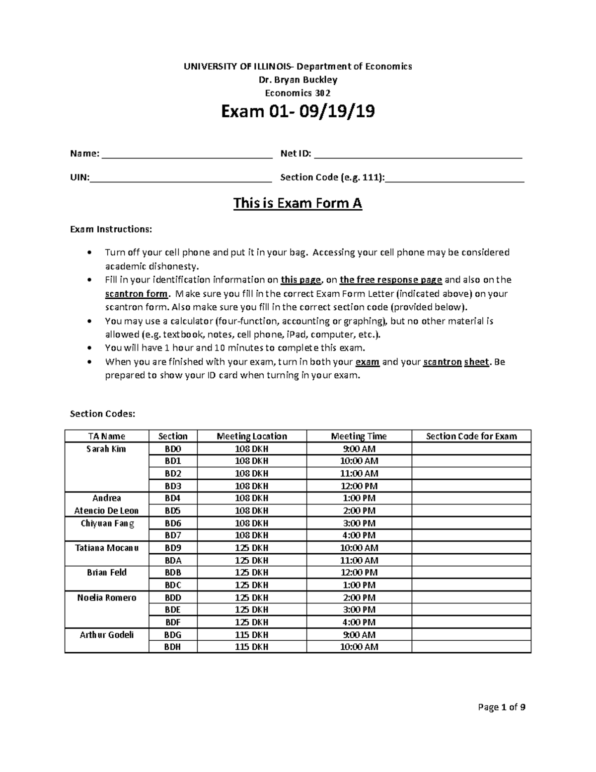 Exam 1 Econ 302 - Exam 1 Econ 302 - UNIVERSITY OF ILLINOIS- Department ...