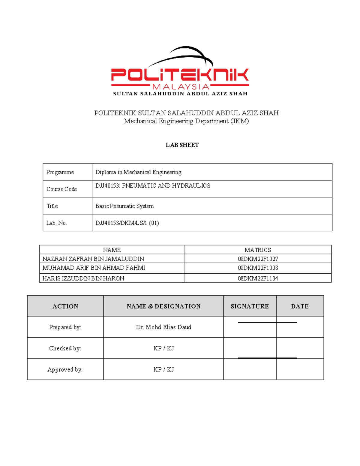 Pneumatic lab1 - POLITEKNIK SULTAN SALAHUDDIN ABDUL AZIZ SHAH ...