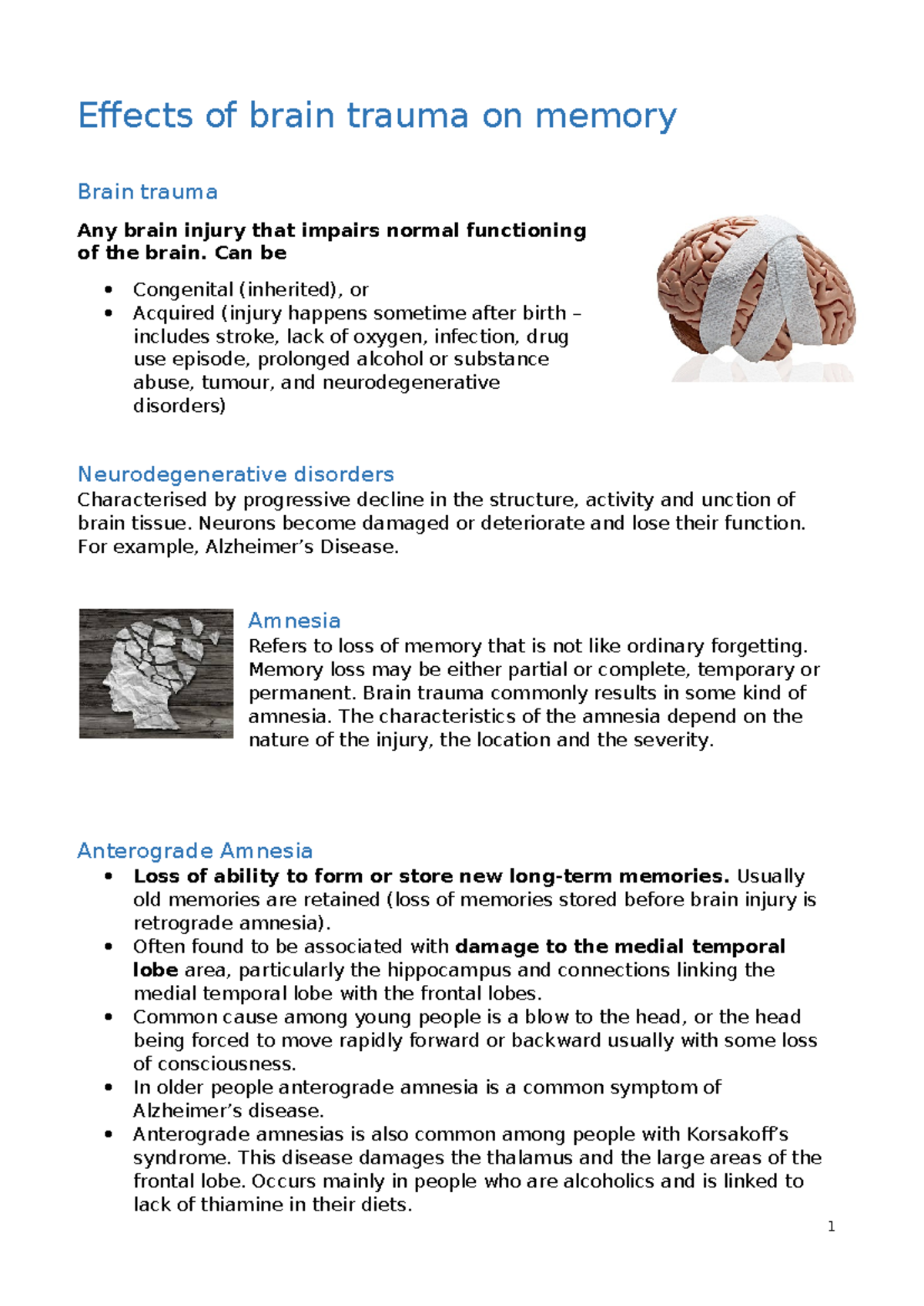Effects of brain trauma on memory notes - Effects of brain trauma on ...